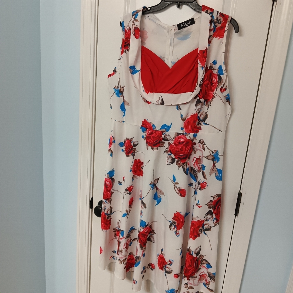 Ruiyige pin up floral dress, white and red. XXL